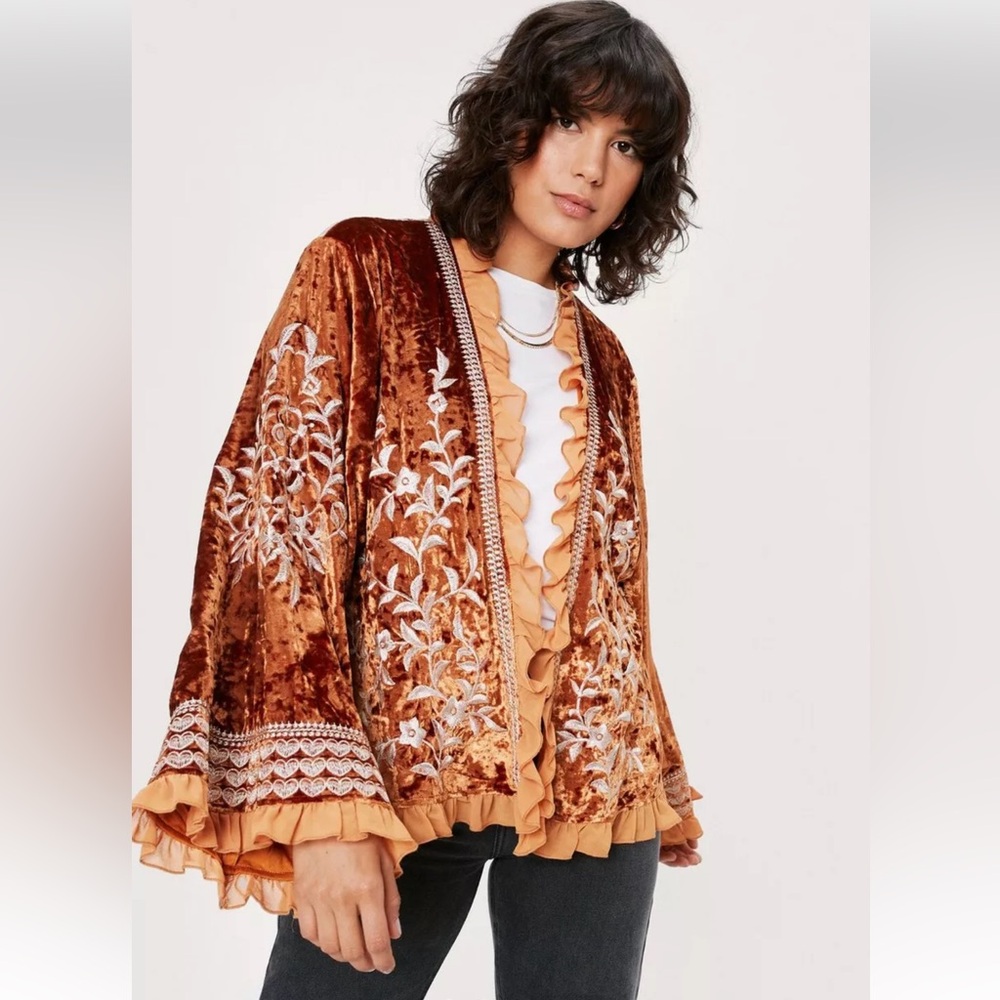 Embroidered Velvet Kimono Jacket - Rust Brown